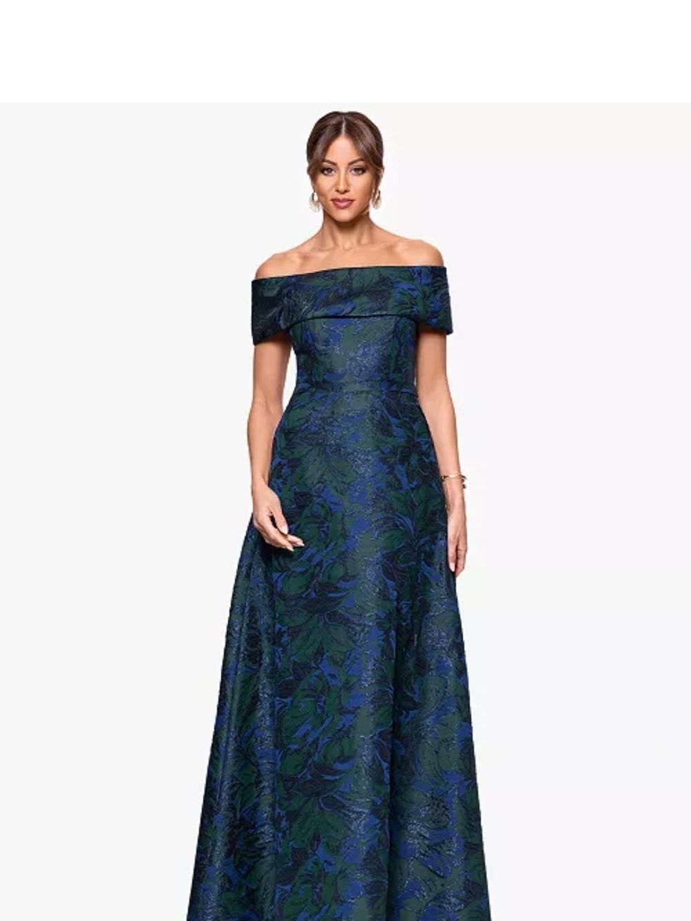 Off-the-Shoulder Navy and Green Floral Evening Dress